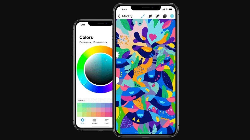 Colourful abstract illustrations on two mobile phone screens