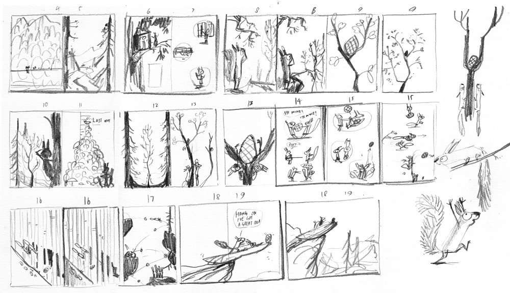 Black and white thumbnails of the pages in The Squirrels Who Squabbled