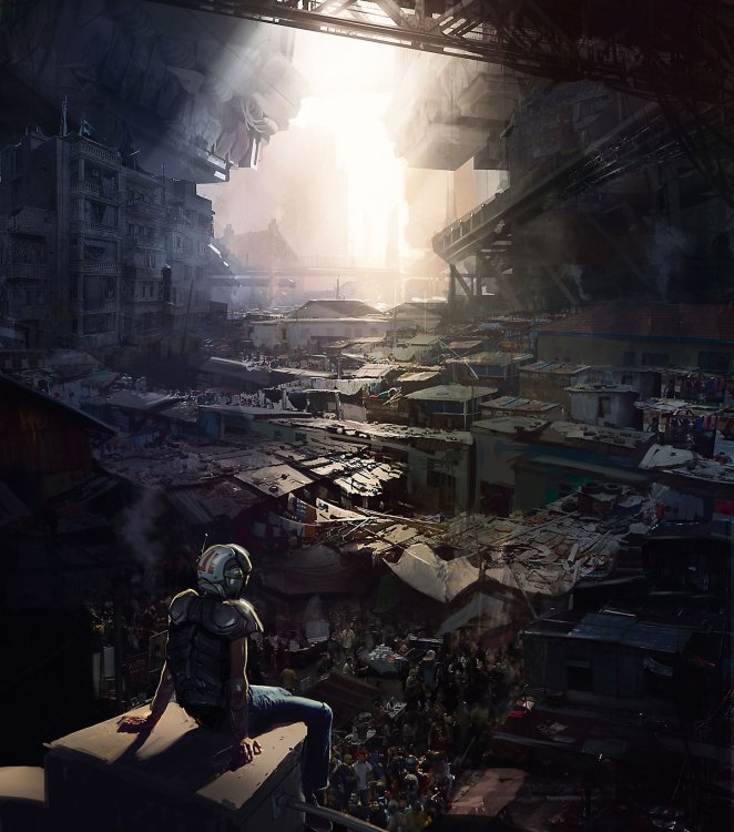 A person sitting in a landscape of industrial wreckage