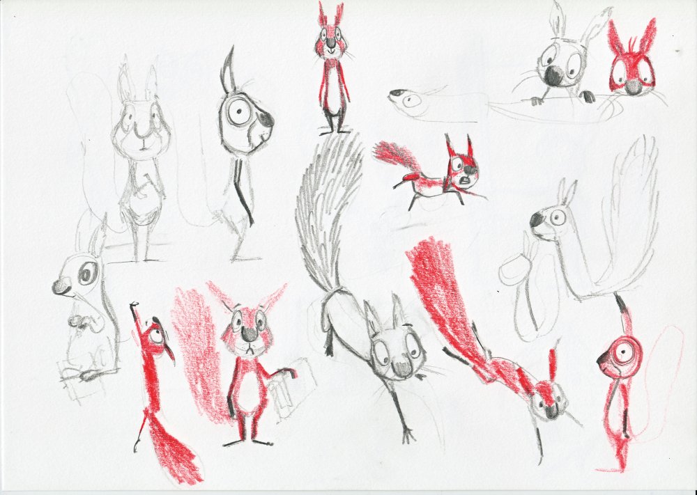 Rough concept sketches of Cyril the squirrel