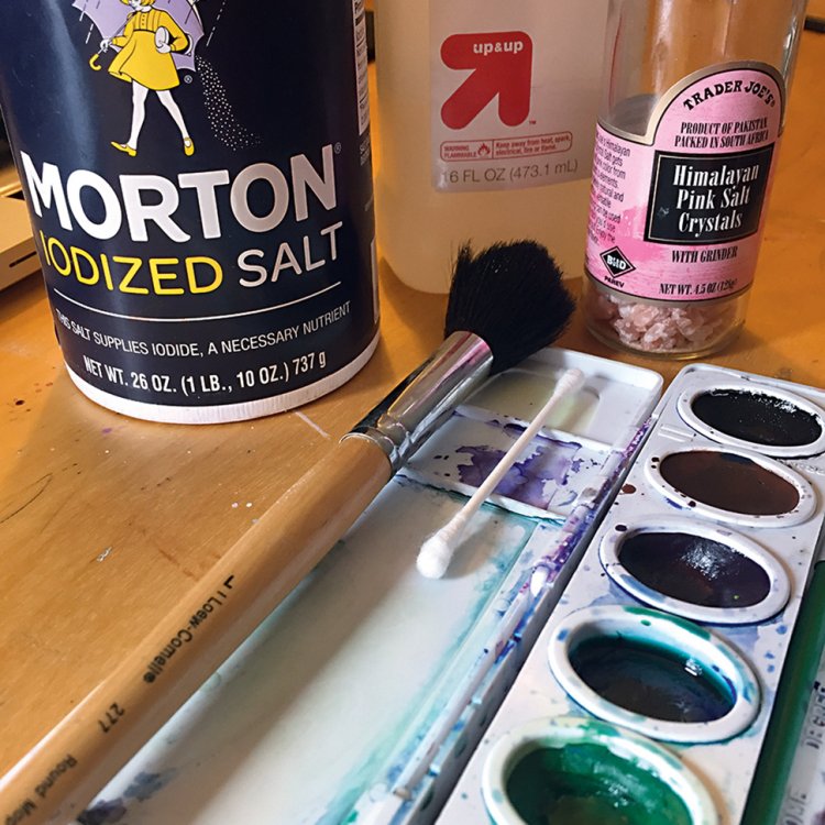 Watercolour palette, bottles of salt, paintbrush, cotton bud and rubbing alcohol