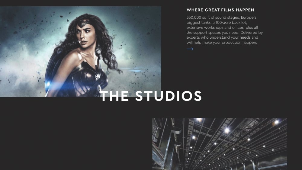 The homepage of Warner Bros. Studios Leavesden, showing a grid layout featuring the studio's movie Wonder Woman.