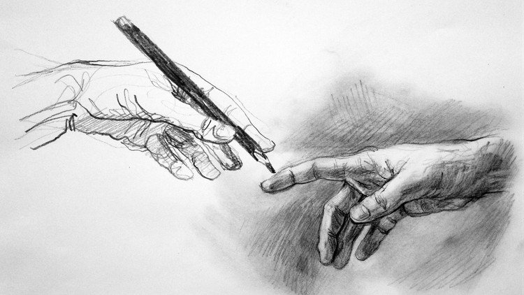 Black and white sketch of two hands and a pen