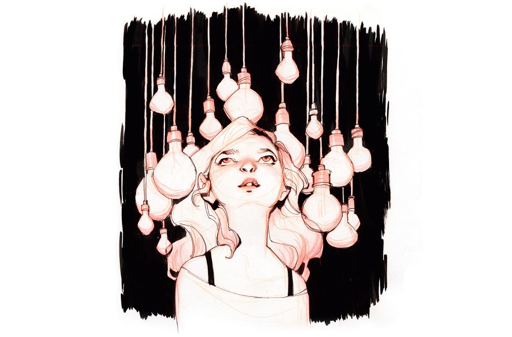 Ink drawing of a girl surrounded by hanging lightbulbs