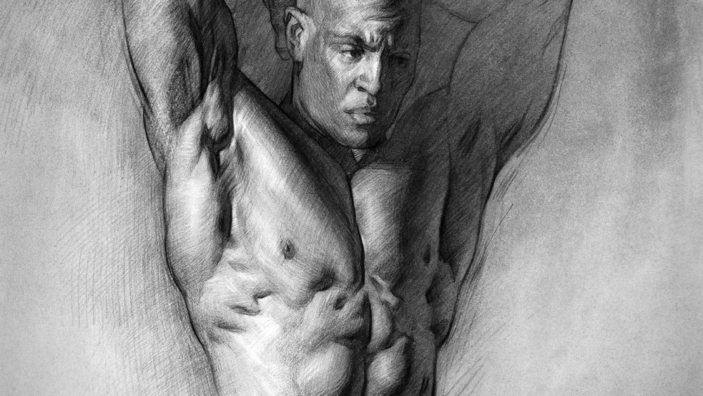 Monochrome drawing of naked man's torso