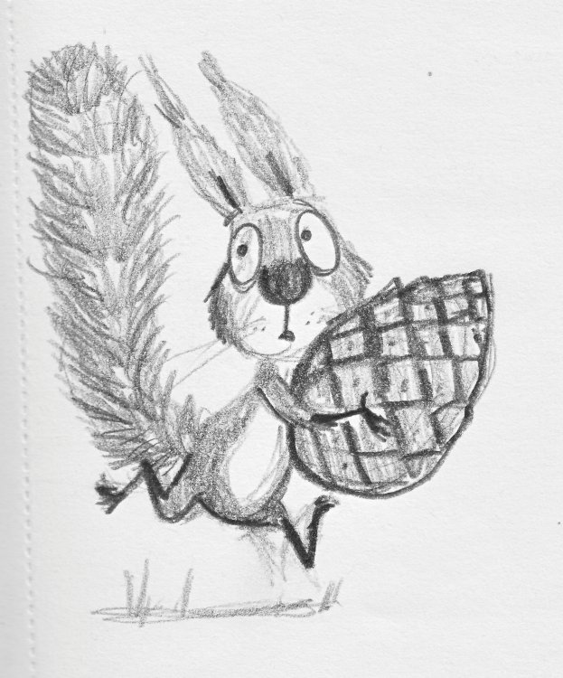 Sketch of Cyril running holding a pinecone