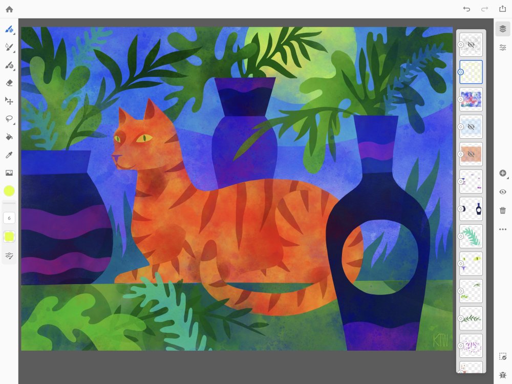 Screenshot of a painting of a cat created in Adobe Fresco