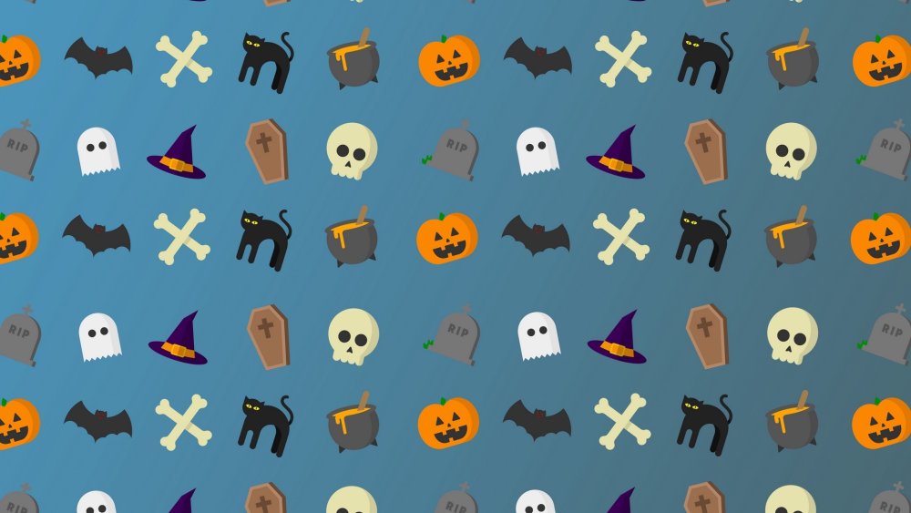 Wallpaper of cute Halloween icons, including a ghost, a witch's hat, a coffin, a skull, and a cauldron