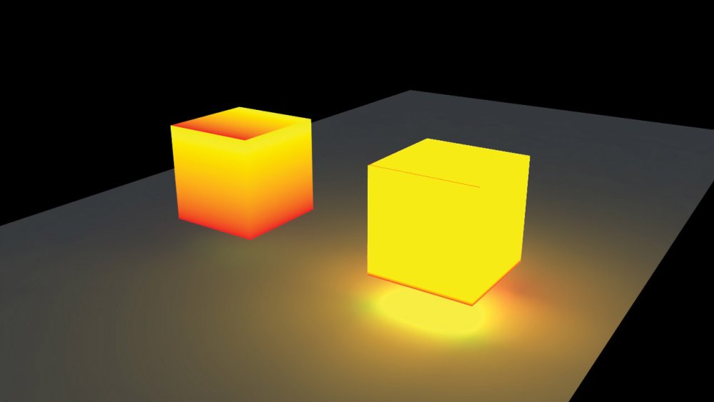 A pair of cubes, one lit up, one reflecting
