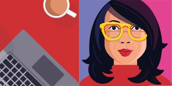 Cartoon of woman, laptop and coffee cup