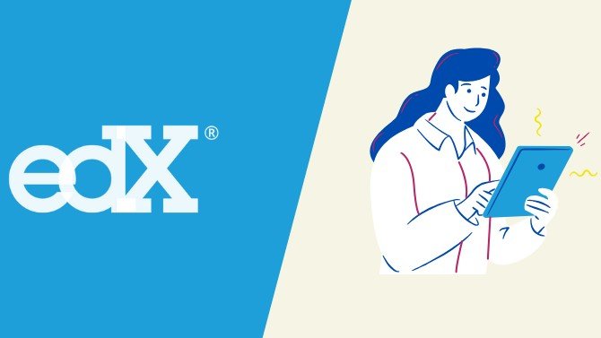 EDX logo and illustration of woman using tablet
