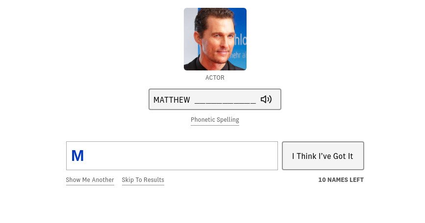Text field inviting you to spell "Matthew McConaughey"