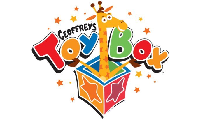 Logo for Geoffrey's Toy Box, which sees Geoffrey the giraffe bursting out of a box