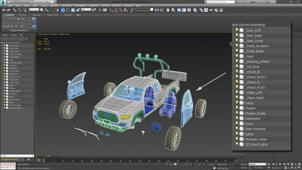 Make vehicle animations with iClone 7: Select the four-wheel structure