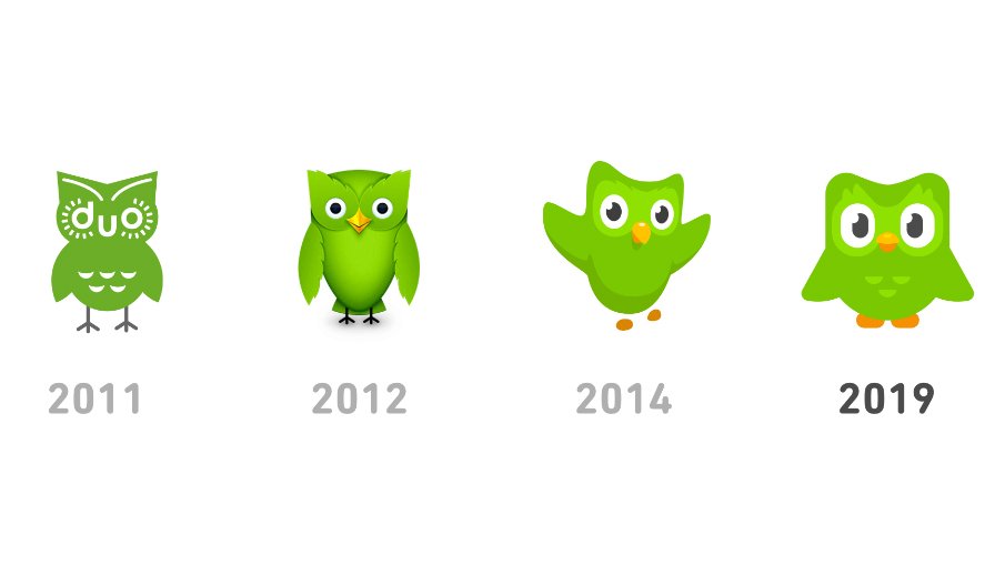 Four iterations of the Duolingo mascot from 2011 to 2019