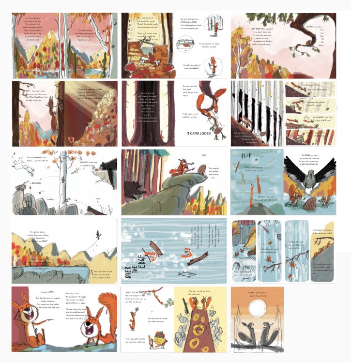 Colour proofs of the pages in The Squirrels Who Squabbled