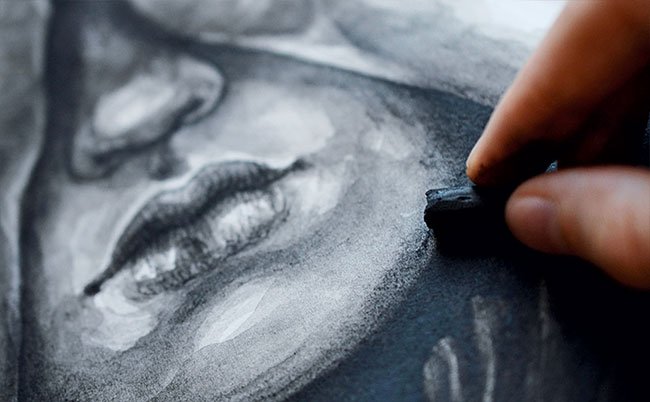 Close up of a charcoal portrait