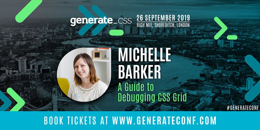 An image promoting Michelle Barker's talk 'A Guide to Debugging CSS Grid' at Generate CSS on 26 September.