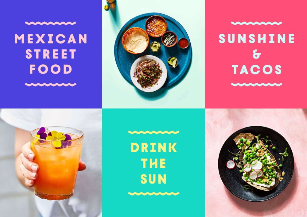 Grid of new Wahaca branding with photos of the food it offers