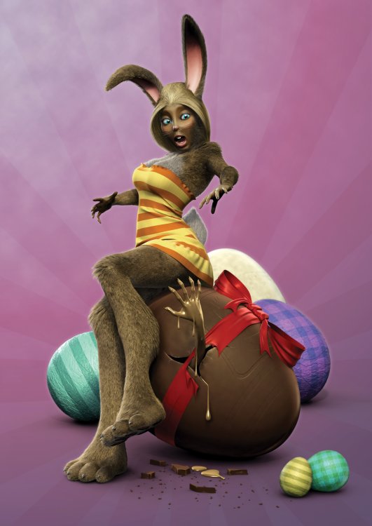 A woman-rabbit creature sitting on a chocolate egg with a hand coming out of it