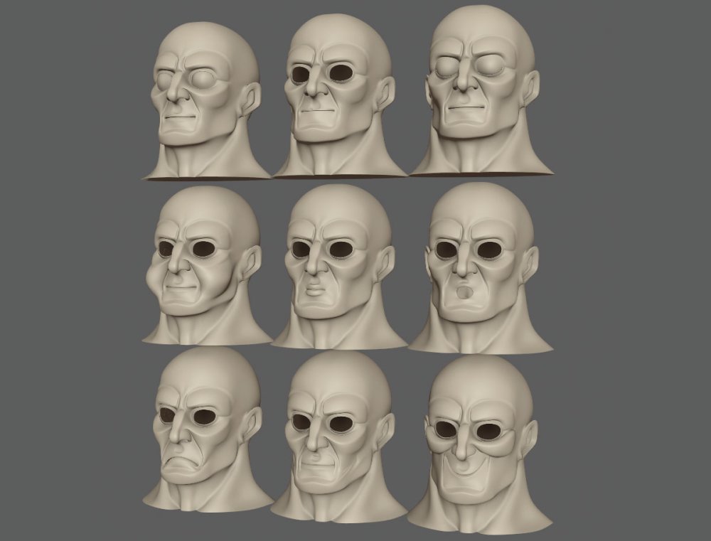 models of man's faces, with and without eyes