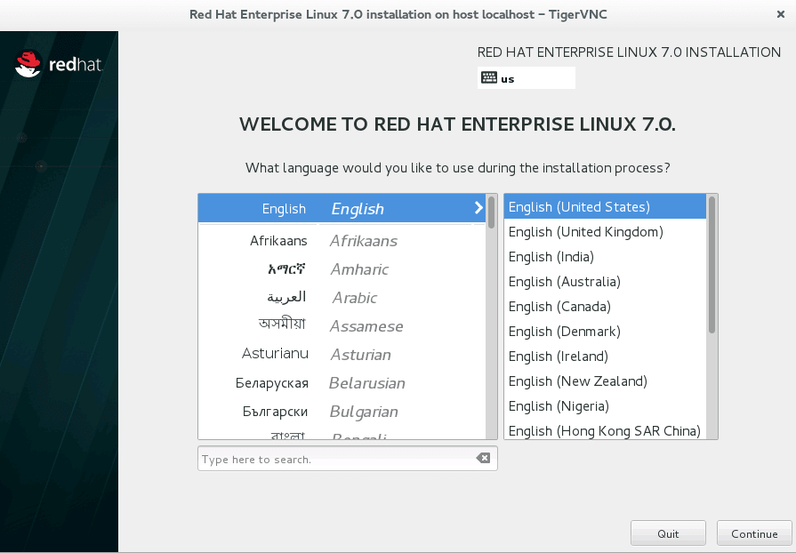 Redhat 7 - connected to vnc server to start redhat's installation