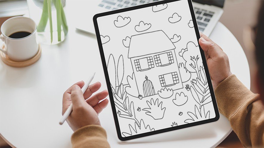 Person using colouring template on an iPad